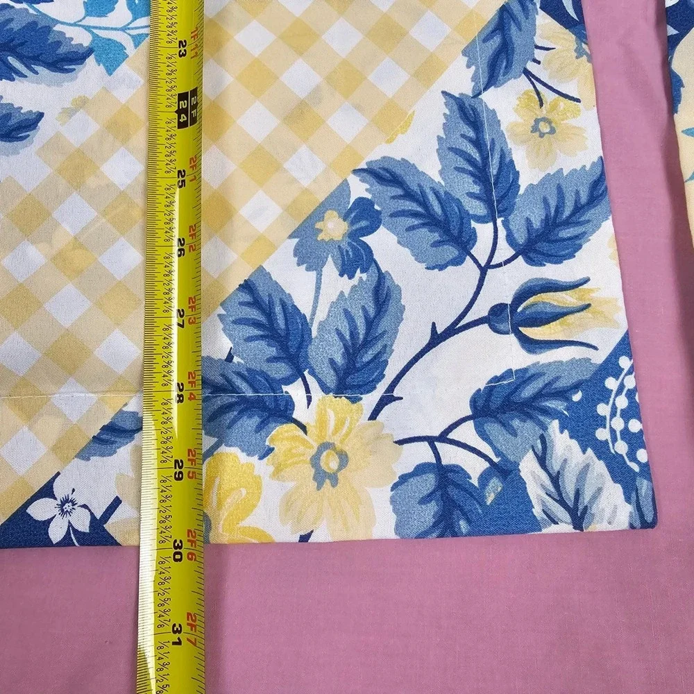 VTG Gold Coast Blue Yellow Floral Gingham Polyester Pillow Cover Set 2 Farmhouse